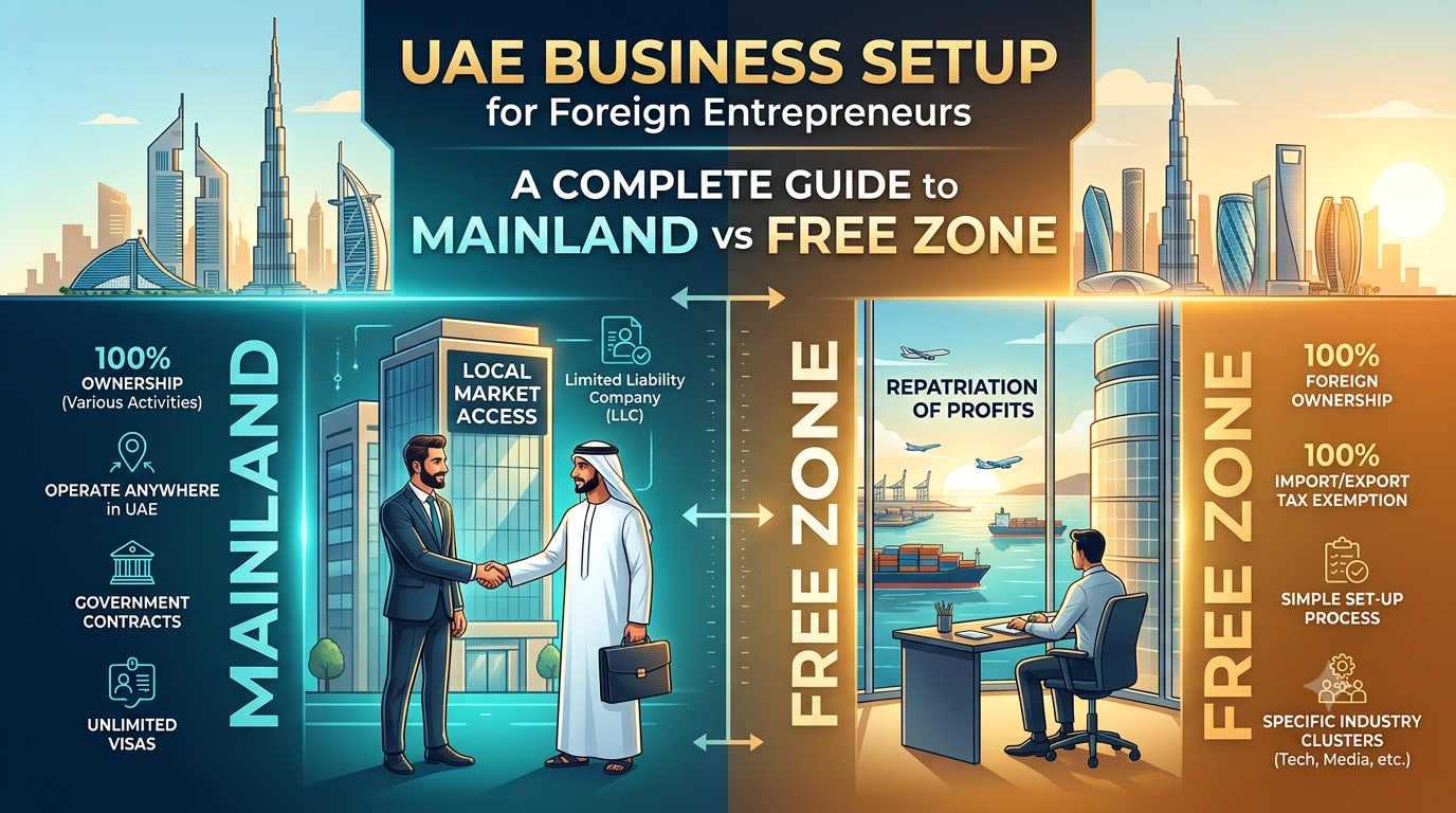 UAE Business setup guide Infographic graphic comparing UAE Mainland vs Free Zone company setup for foreign entrepreneurs, featuring key benefits, icons, and modern Dubai skyline illustration